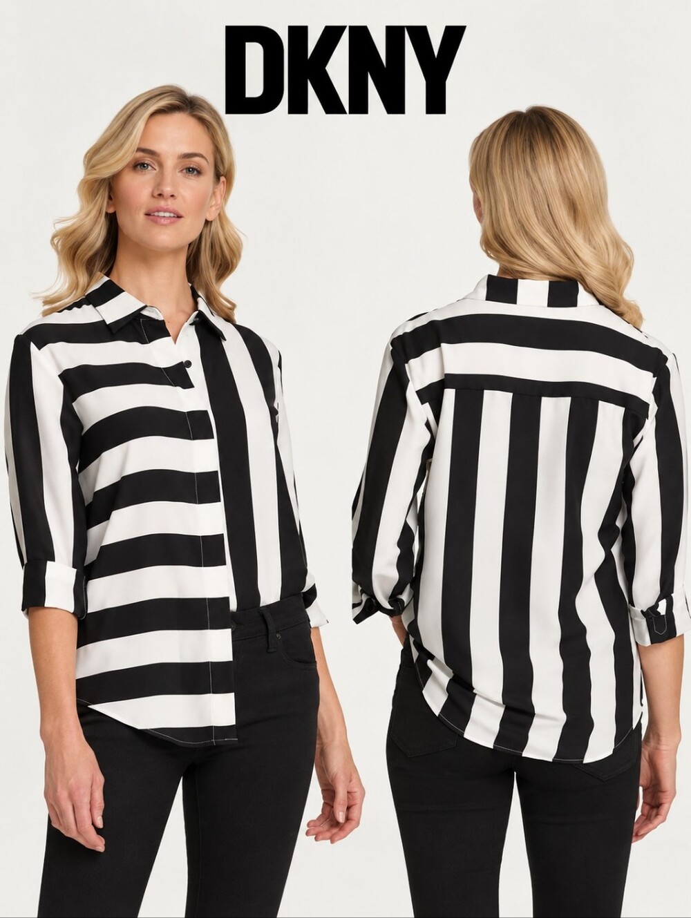 DKNY Mixed Media Black & White Striped Blouse Shirt Size Large